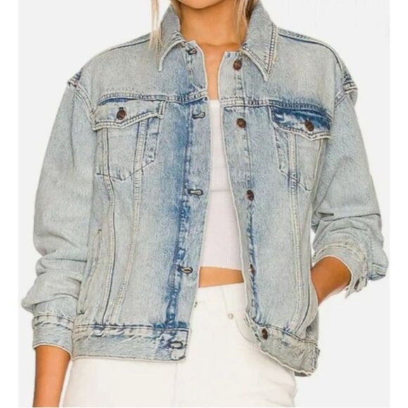 Free People We The Free women's Jolene Trucker Blue Denim Jacket Size L - Picture 1 of 6